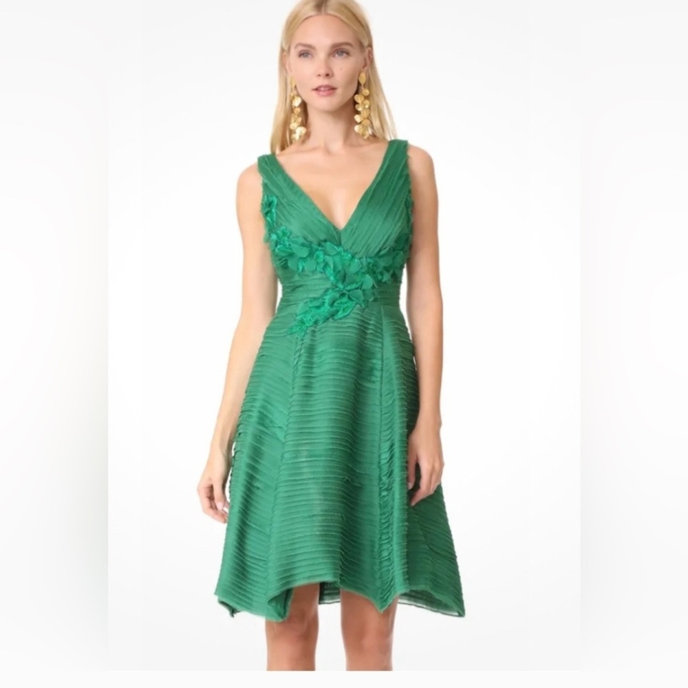 Marchesa Green Ruffled Tiered Midi Dress